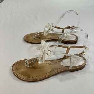 Kate Spade Sandals Womens 7.5 White Leather Satin Bow‎ Thong Ankle Strap Flat